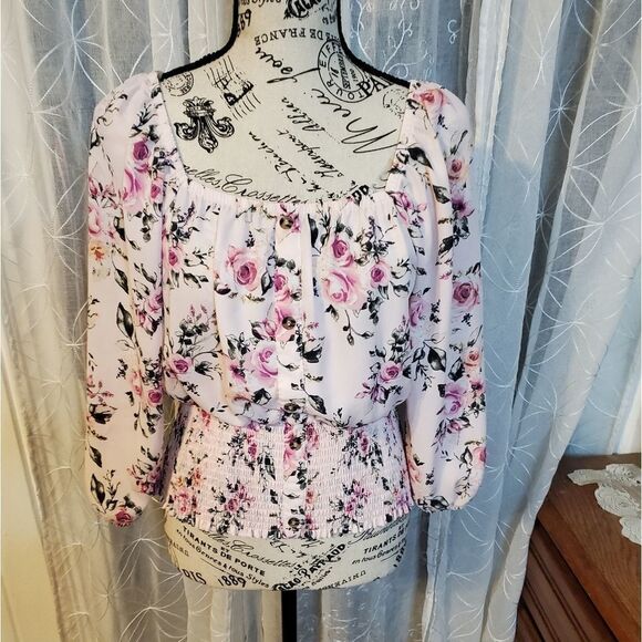 NWOT No Boundaries pink floral blouse sz large - Picture 1 of 6